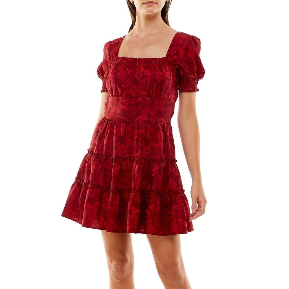Altar'd State Burgundy Red Coquette Floral Flowy Ruffle Design & Puffy Sleeves